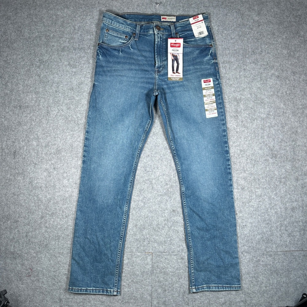 NWT Wrangler Denim Jeans Mens 32x32 Blue Five Star Slim Straight Stretch Work